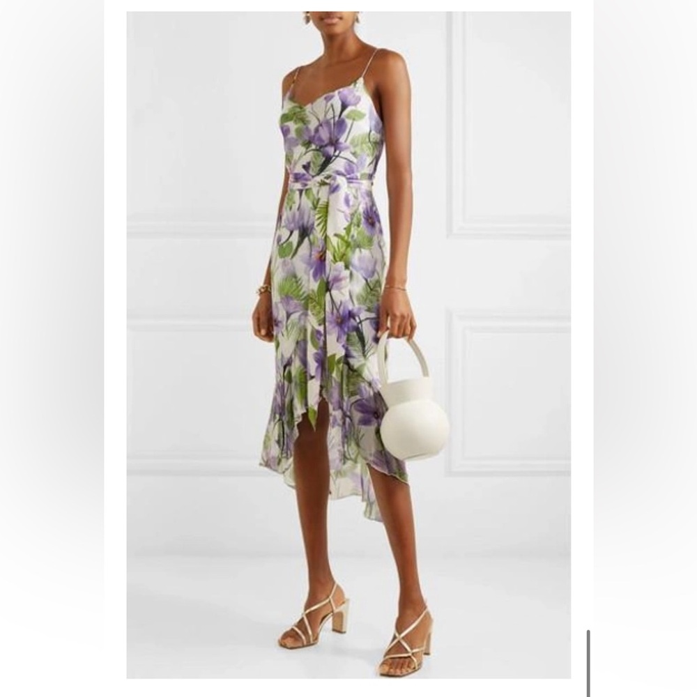 Alice + Olivia Purple Floral Midi Dress with Green Leaves